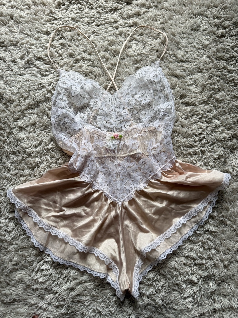 Vintage blush satin lace teddy romper coquette balletcore lingerie